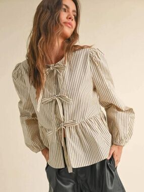 Miou Muse Women's Luna Neutral Striped Woven Blouse with Tie Front Small NWT